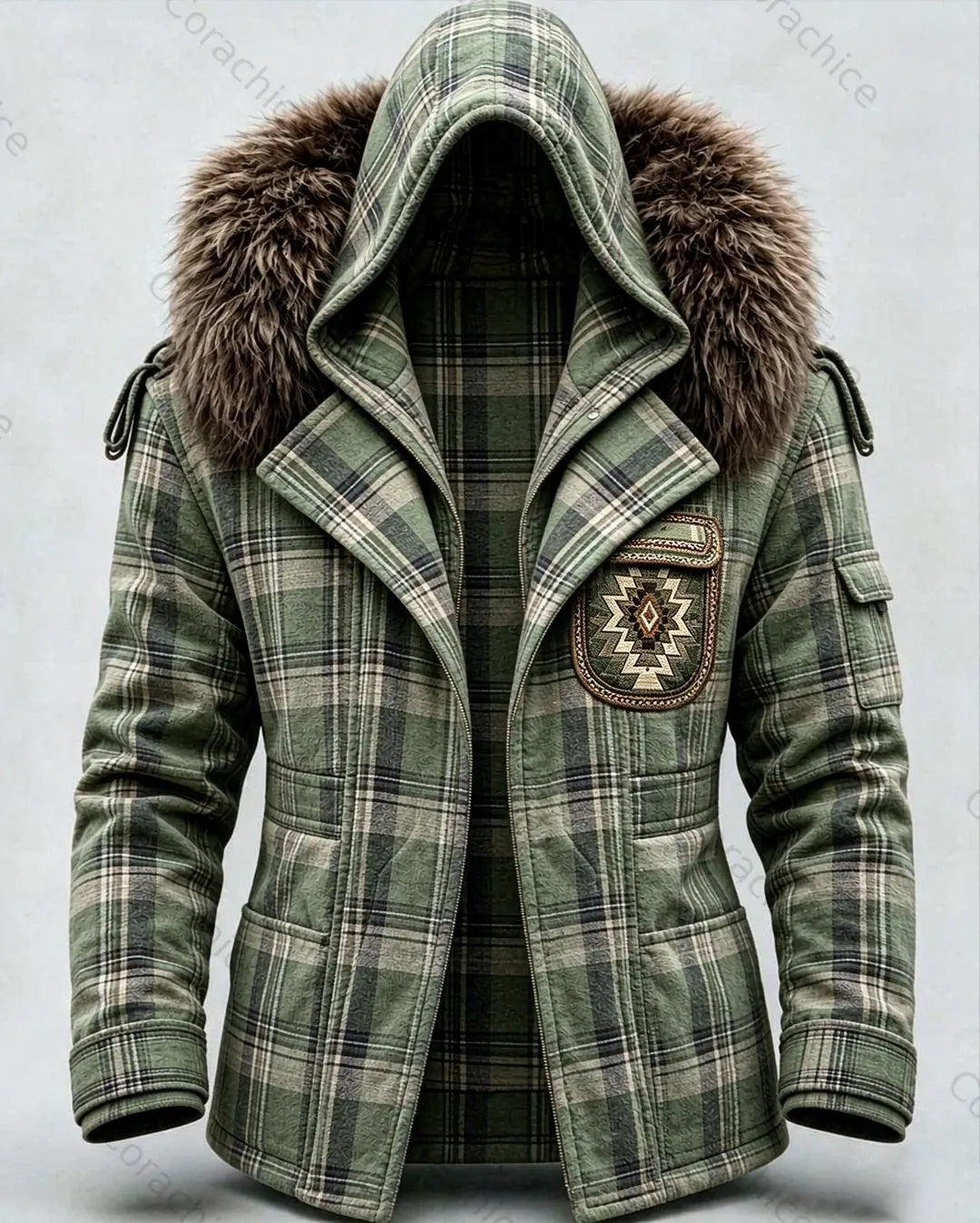 Cardydony Men's Autumn/Winter Western Plaid Print Fashion Casual Style Faux Fur Collar Hooded Jacket