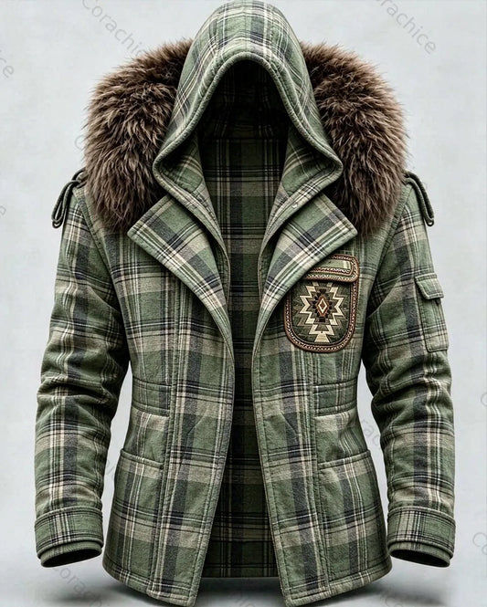 Cardydony Men's Autumn/Winter Western Plaid Print Fashion Casual Style Faux Fur Collar Hooded Jacket