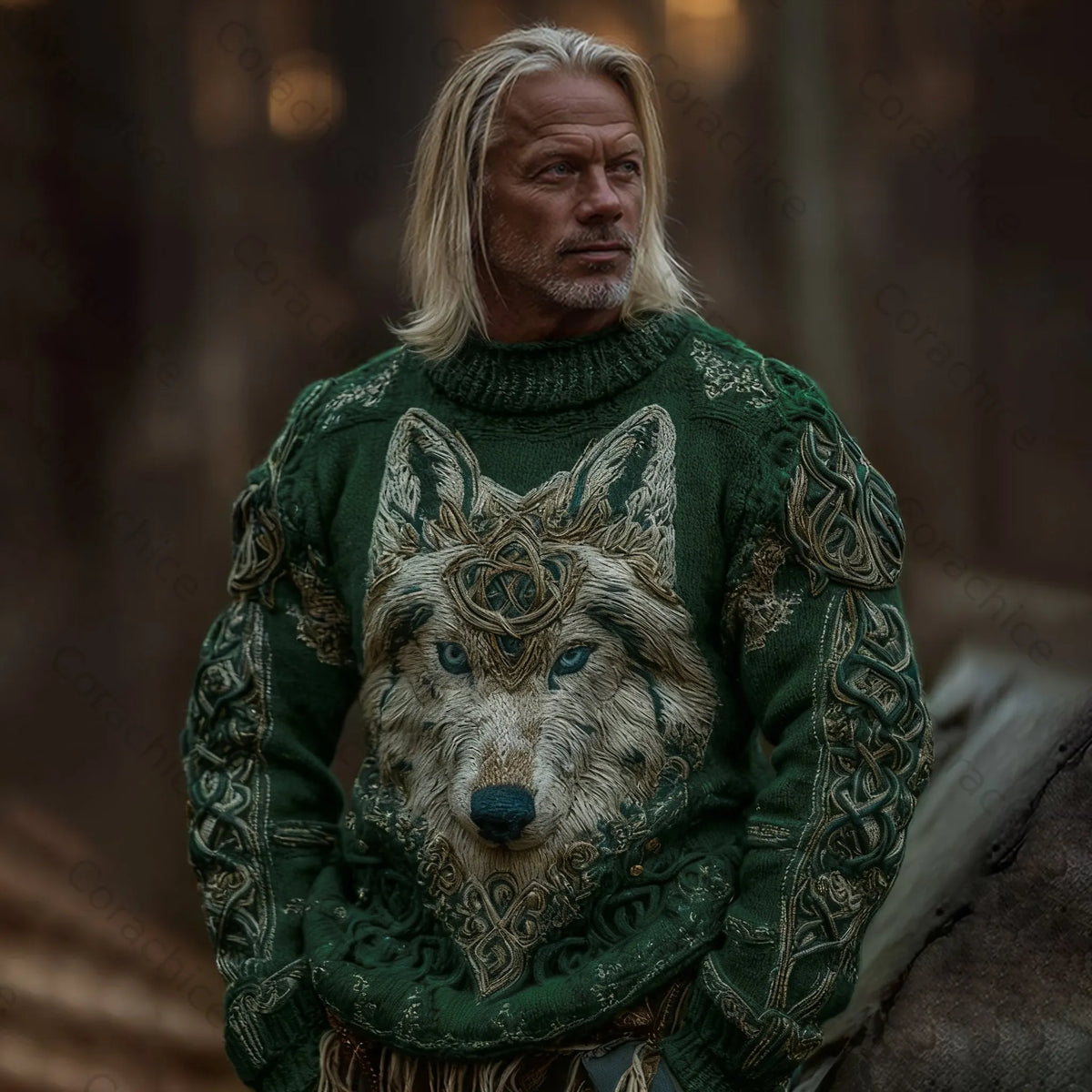 Cardydony Men's Viking Wolf Knit Pullover Sweater