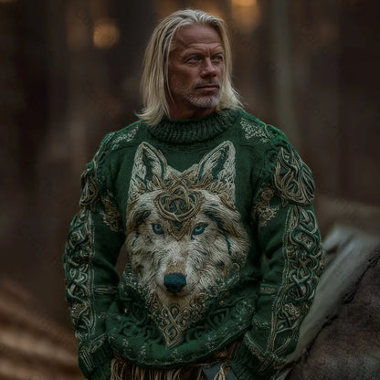 Cardydony Men's Viking Wolf Knit Pullover Sweater