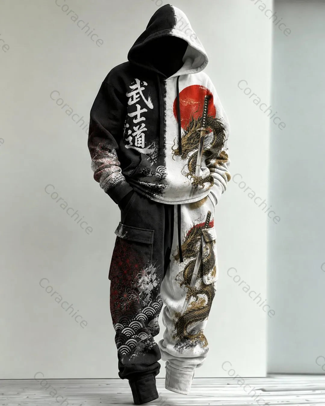 Cardydony Men's Fall and Winter Japanese-Style Printed Hooded & Pants Two-Piece Set6739