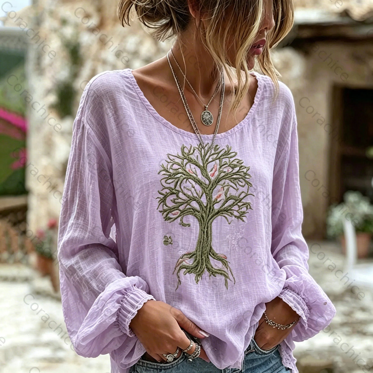 Cardydony Women's Retro Viking Tree Of Life Pattern Casual Linen Blend T-shirt