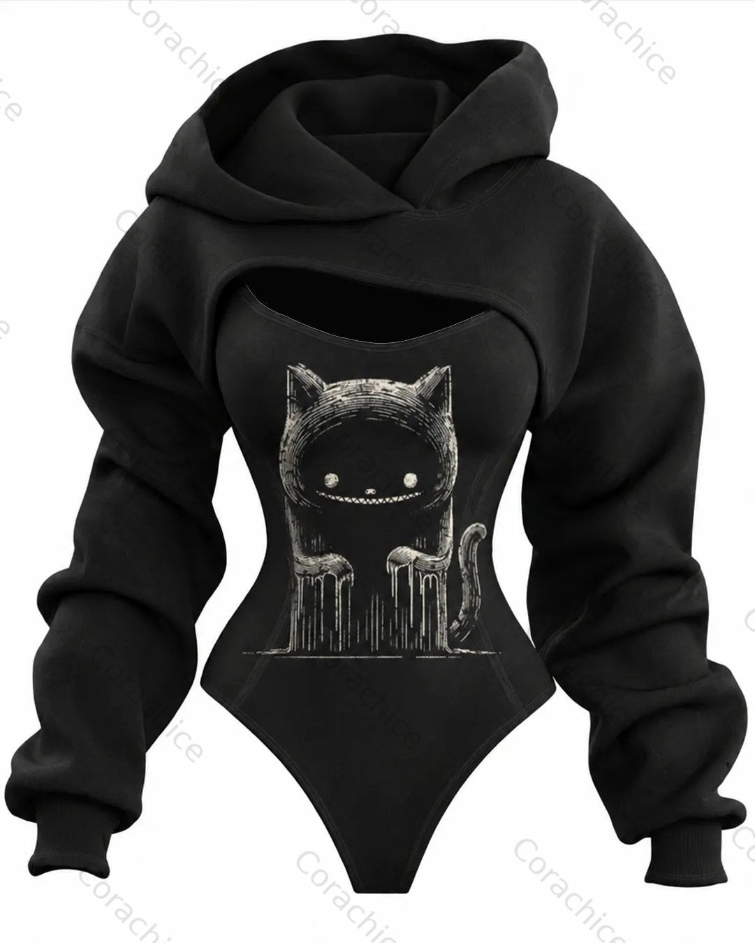 Cardydony Women's Ghost Cat Print Casual Irregular Cut Two-Piece Long-Sleeved Bodysuit