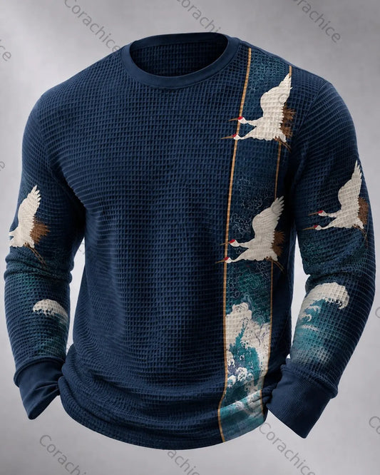 Cardydony Men's Japanese-Style Printed Casual Waffle-Weave Long-Sleeve T-Shirt