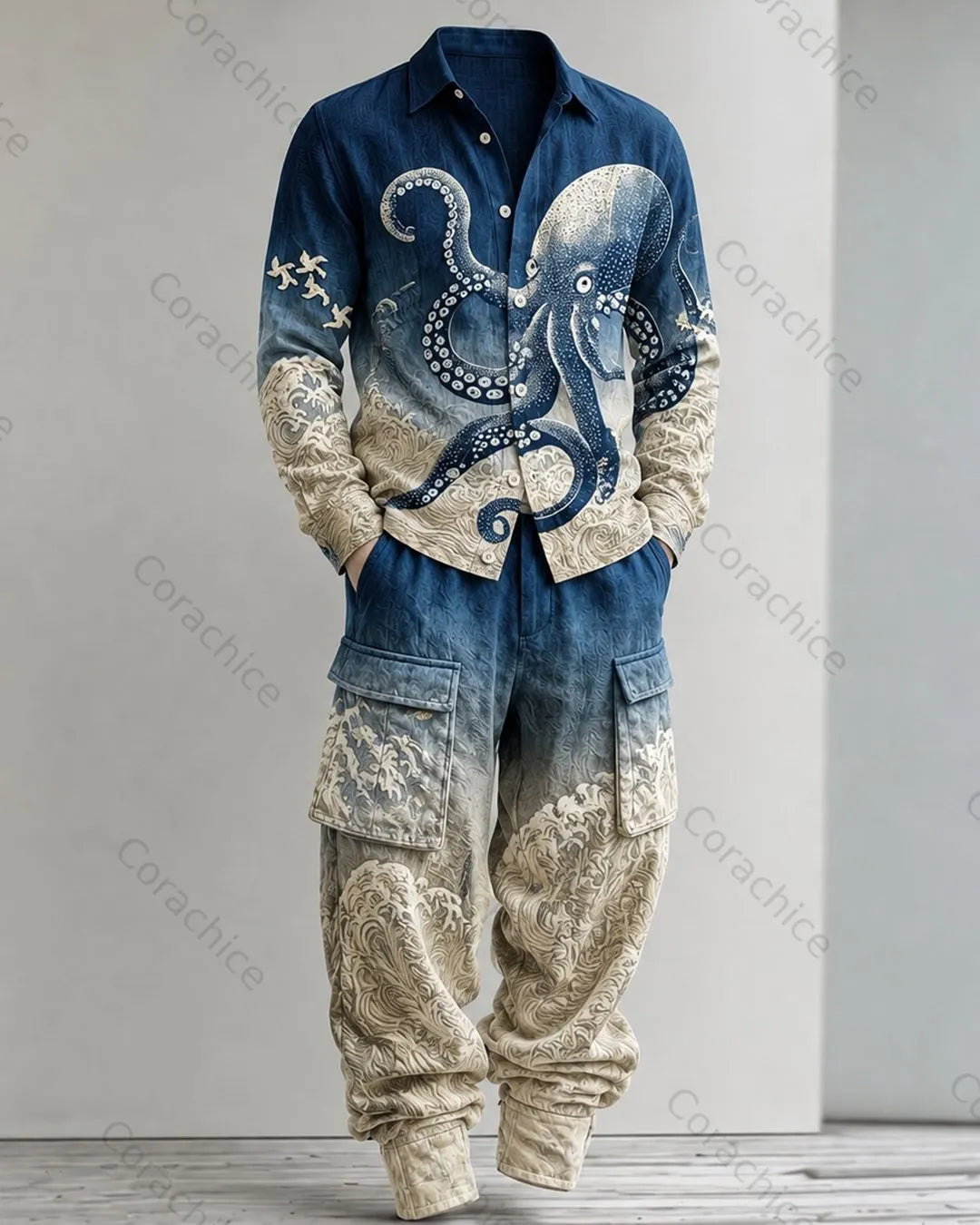 Cardydony Men's Fall and Winter Japanese-Style Printed Hoodie & Pants Two-Piece