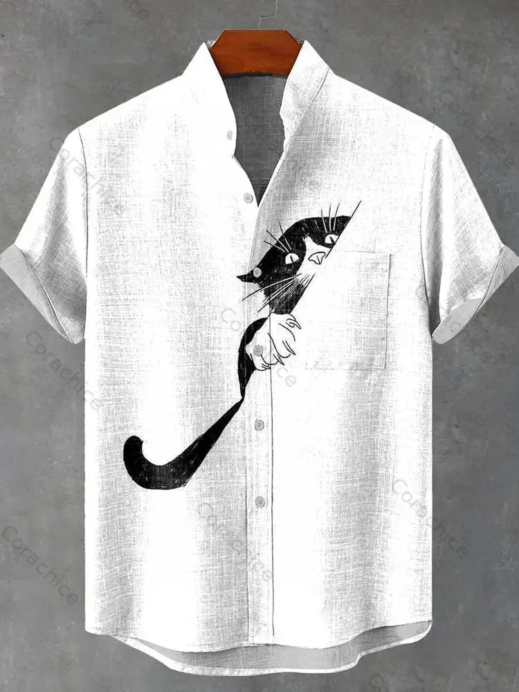 Cardydony Men's Black Cat Hiding Print Short Sleeve Shirt