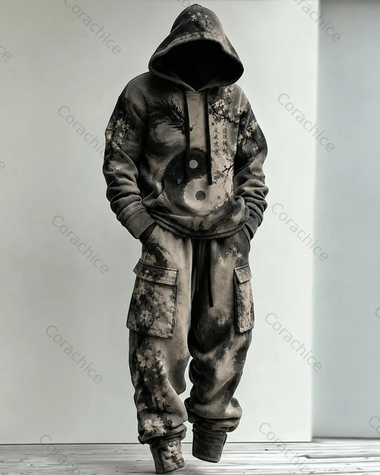 Cardydony Men's Fall and Winter Japanese-Style Printed Hoodie & Pants Two-Piece