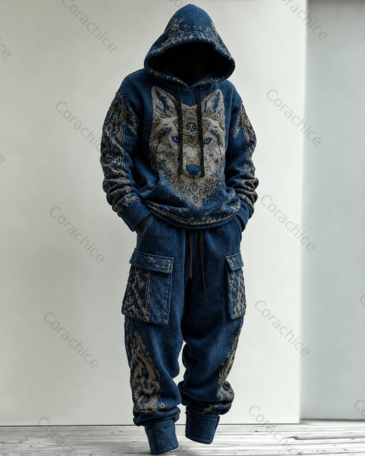 Cardydony Men's Viking Color-Block Dragon Embroidered Hoodie & Pants Two-Piece