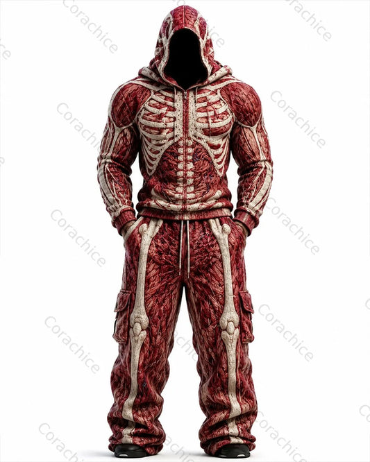 Cardydony Men's Halloween Skeleton Embroidered Hoodie & Pants Two-Piece