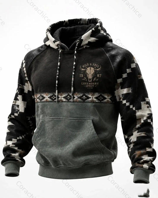 Cardydony Men's Retro Western-Style Aztec-Print Long-Sleeve Hoodie