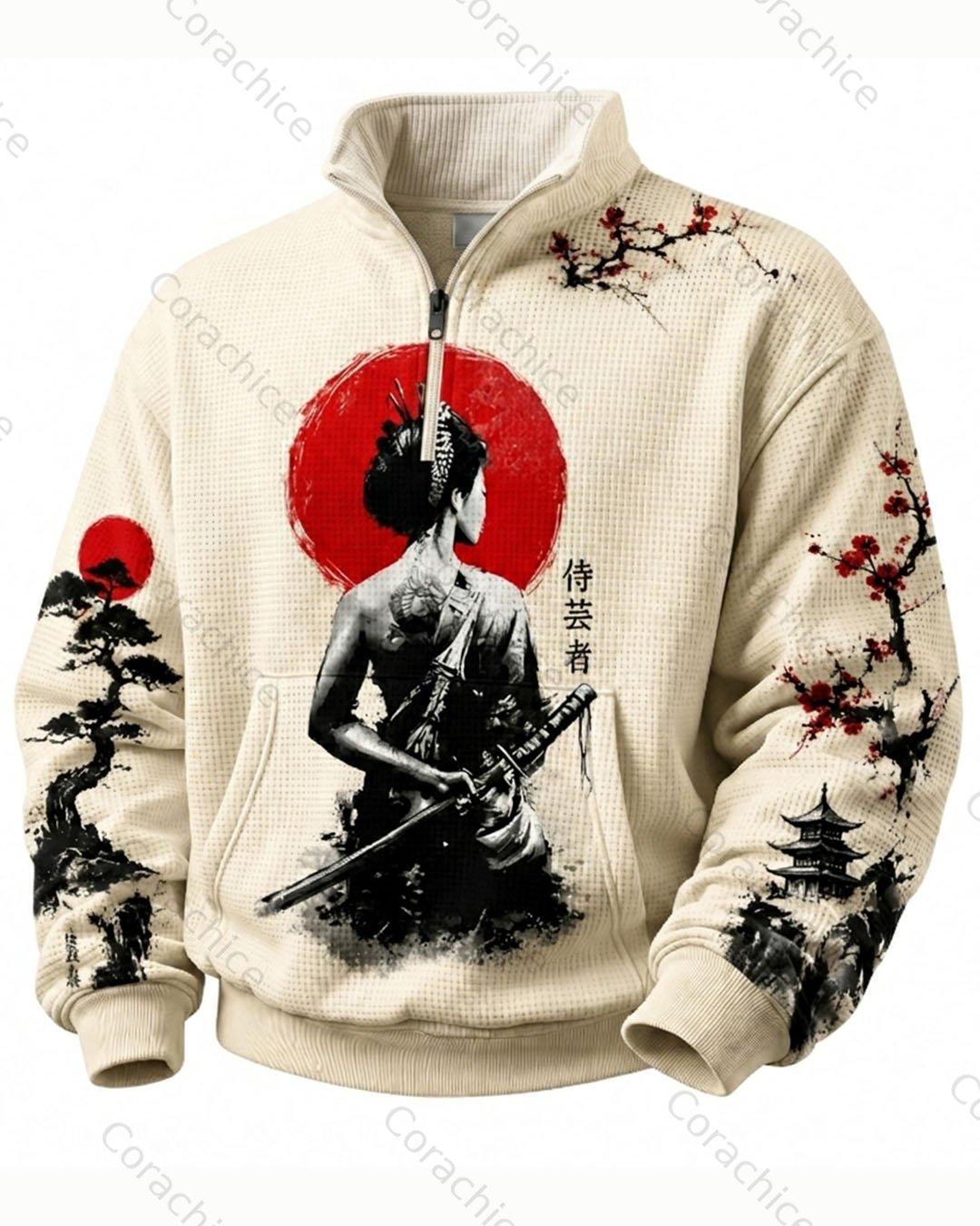 Cardydony Men's Japanese-Style Printed Long-Sleeve Stand-Up Collar Waffle-Knit Sweatshirt