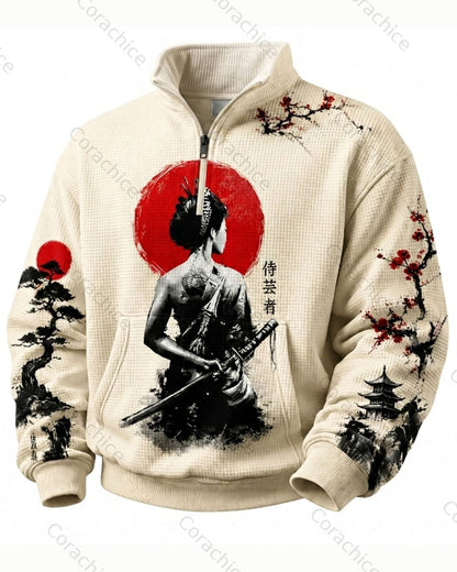 Cardydony Men's Japanese-Style Printed Long-Sleeve Stand-Up Collar Waffle-Knit Sweatshirt