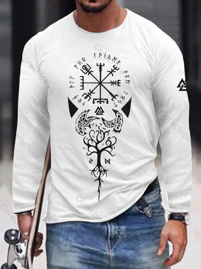 Cardydony Men's Vintage Viking Totem Print Graphics Long Sleeves T-Shirt