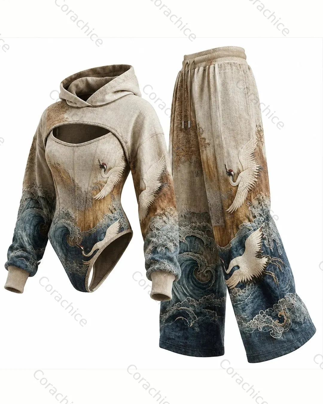 Cardydony Women's Japanese Retro Art Embroidery Irregular Cut Two-Piece Bodysuit & Pants