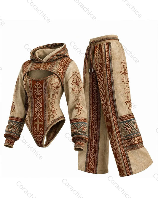 Women's Viking Print Irregular Cut Two-Piece Jumpsuit & Pants Set2759