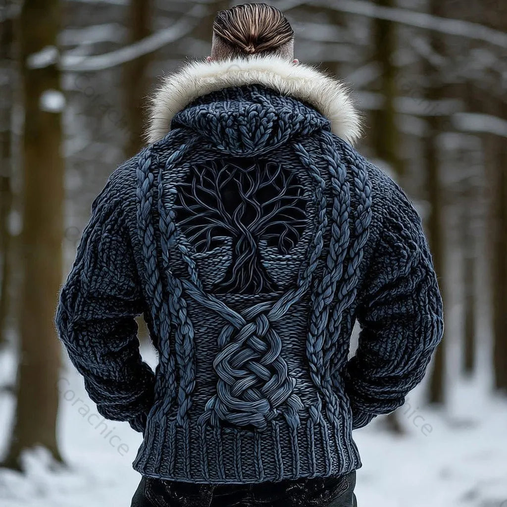 Cardydony Men's Viking Tribal Tree Of Life Celtic Chunky Knit Fuzzy Hooded Zipper Cardigan