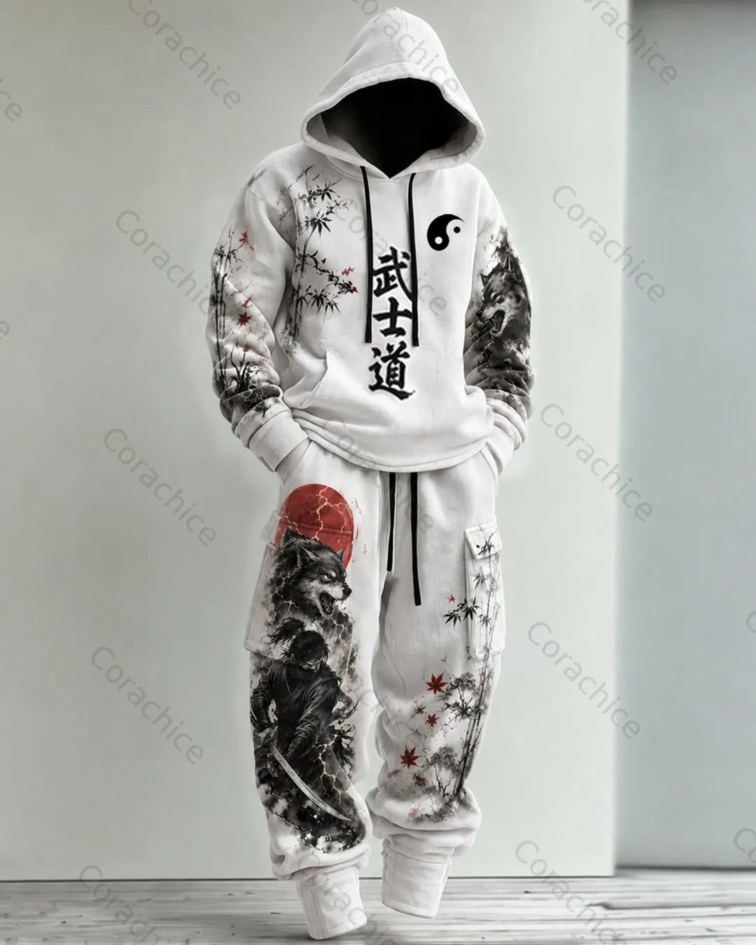 Cardydony Men's Fall and Winter Japanese-Style Printed Hoodie & Pants Two-Piece
