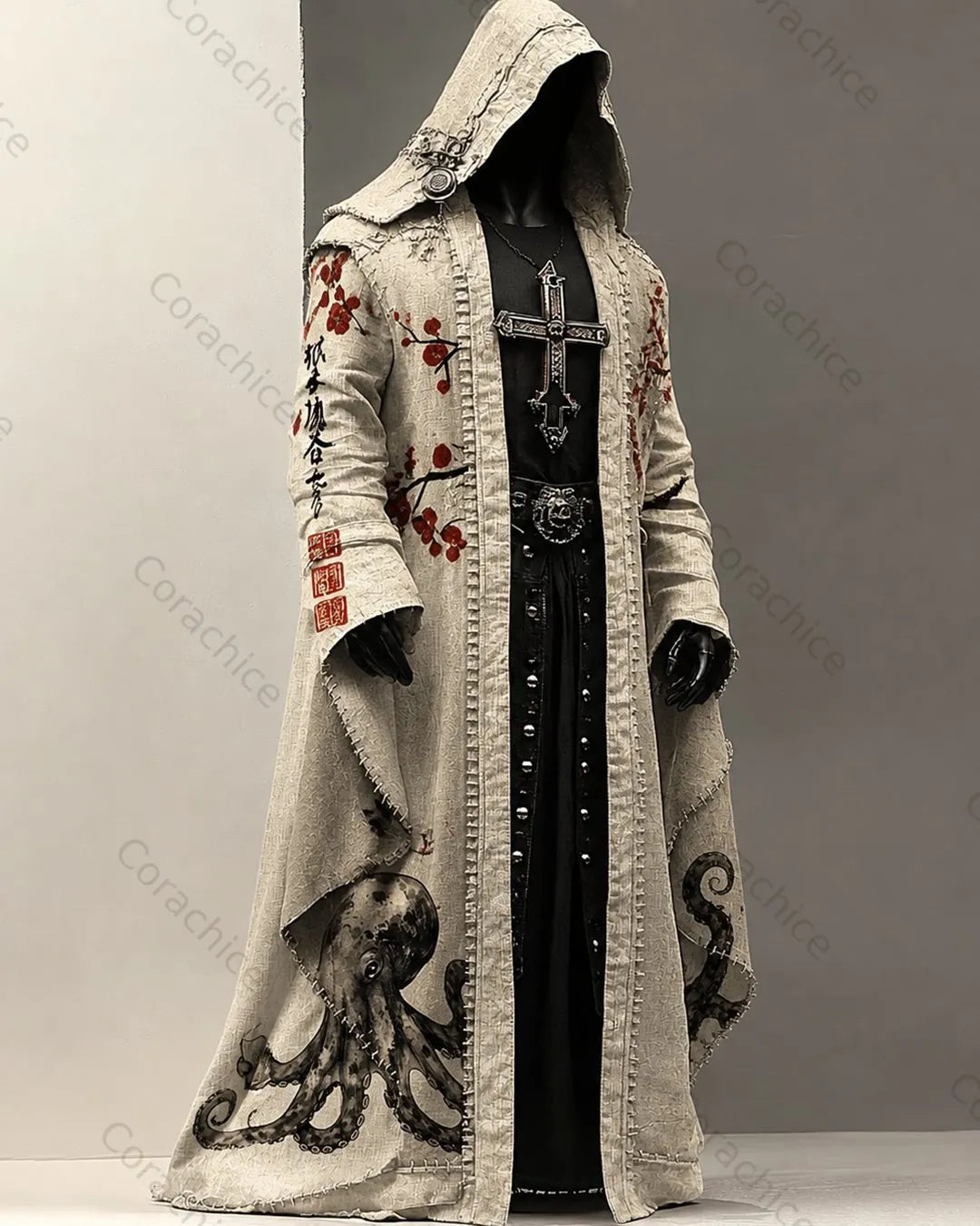 Cardydony Men's Japanese-Print Monk-Style Hooded Linen Cape