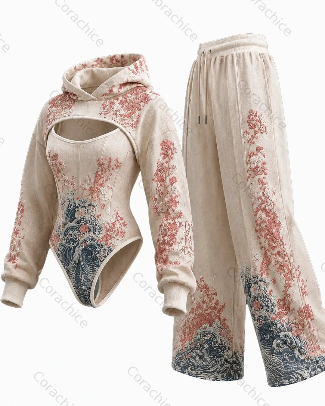 Cardydony Women's Japanese Ukiyo-e print irregular cut two-piece jumpsuit & pants