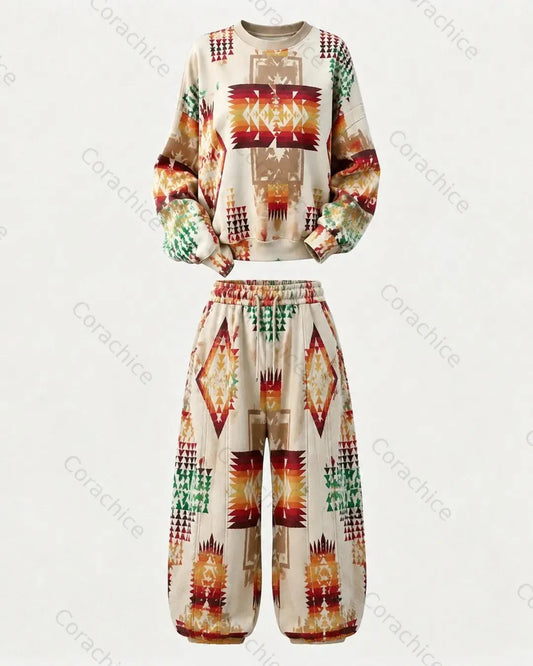 Cardydony Women's Western-Style Aztec Print Long-Sleeve Sweatshirt and Pants Two-Piece
