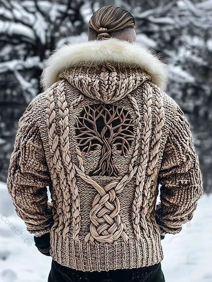 Cardydony Men's Viking Tribal Tree Of Life Celtic Chunky Knit Fuzzy Hooded Zipper Cardigan