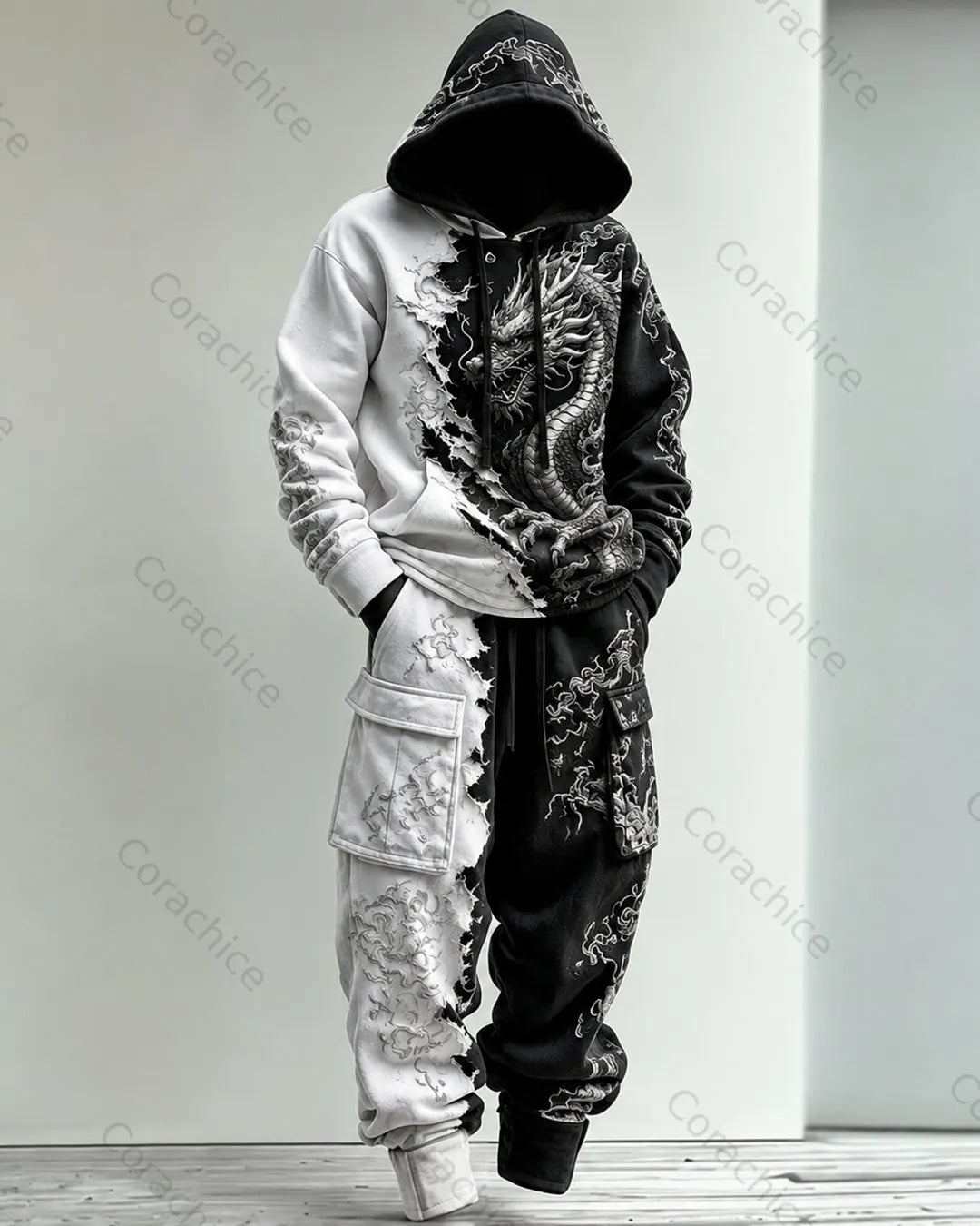 Cardydony Men's Fall and Winter Japanese-Style Printed Hooded & Pants Two-Piece Set5453