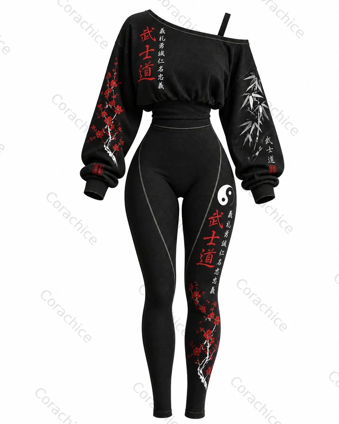 Cardydony Women's Japanese Art Print Long-Sleeved Casual Off-Shoulder Long-Sleeved Top & Leggings Two-Piece