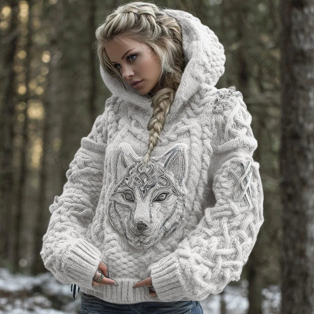 Cardydony Women's Viking Celtic Wolf Knit Jacquard Warm Hooded Sweater