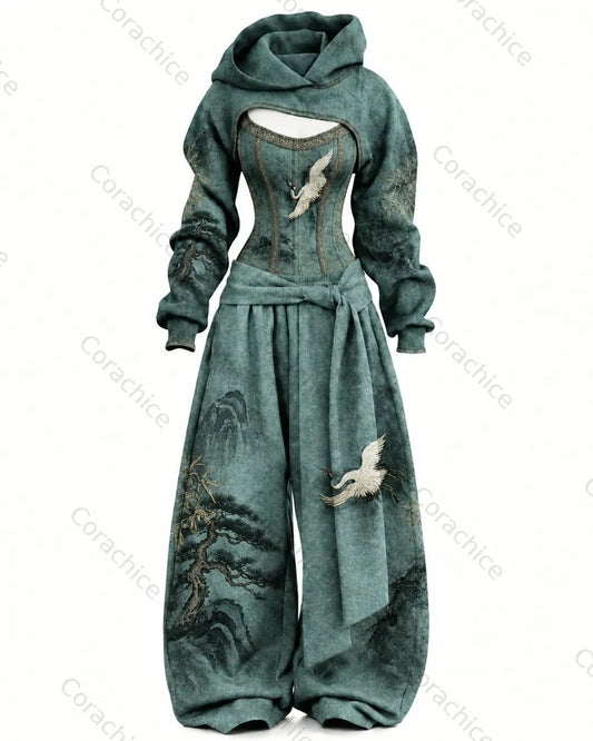 Women's Japanese-Style Printed Long-Sleeve Fitted Jumpsuit and Pants Two-Piece Set9822