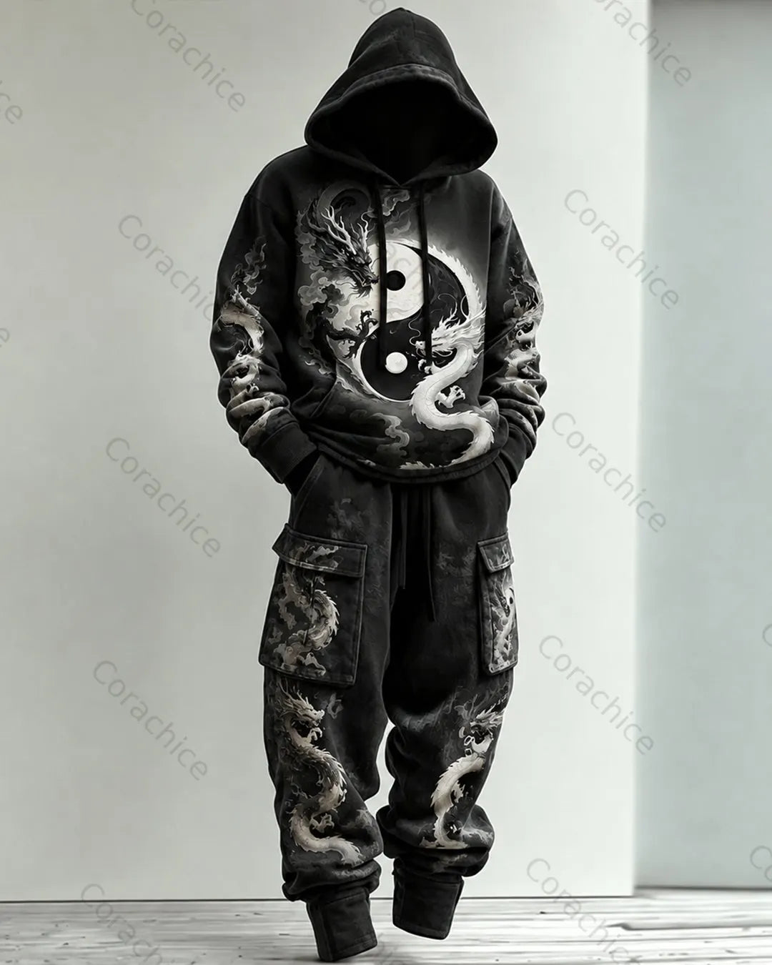 Cardydony Men's Fall and Winter Japanese-Style Printed Hoodie & Pants Two-Piece