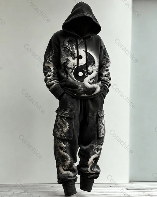 Cardydony Men's Fall and Winter Japanese-Style Printed Hoodie & Pants Two-Piece