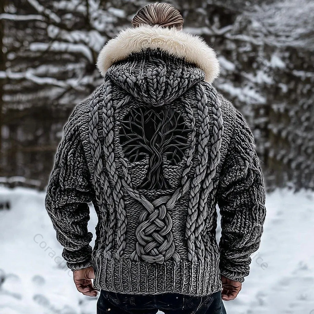 Cardydony Men's Viking Tribal Tree Of Life Celtic Chunky Knit Fuzzy Hooded Zipper Cardigan