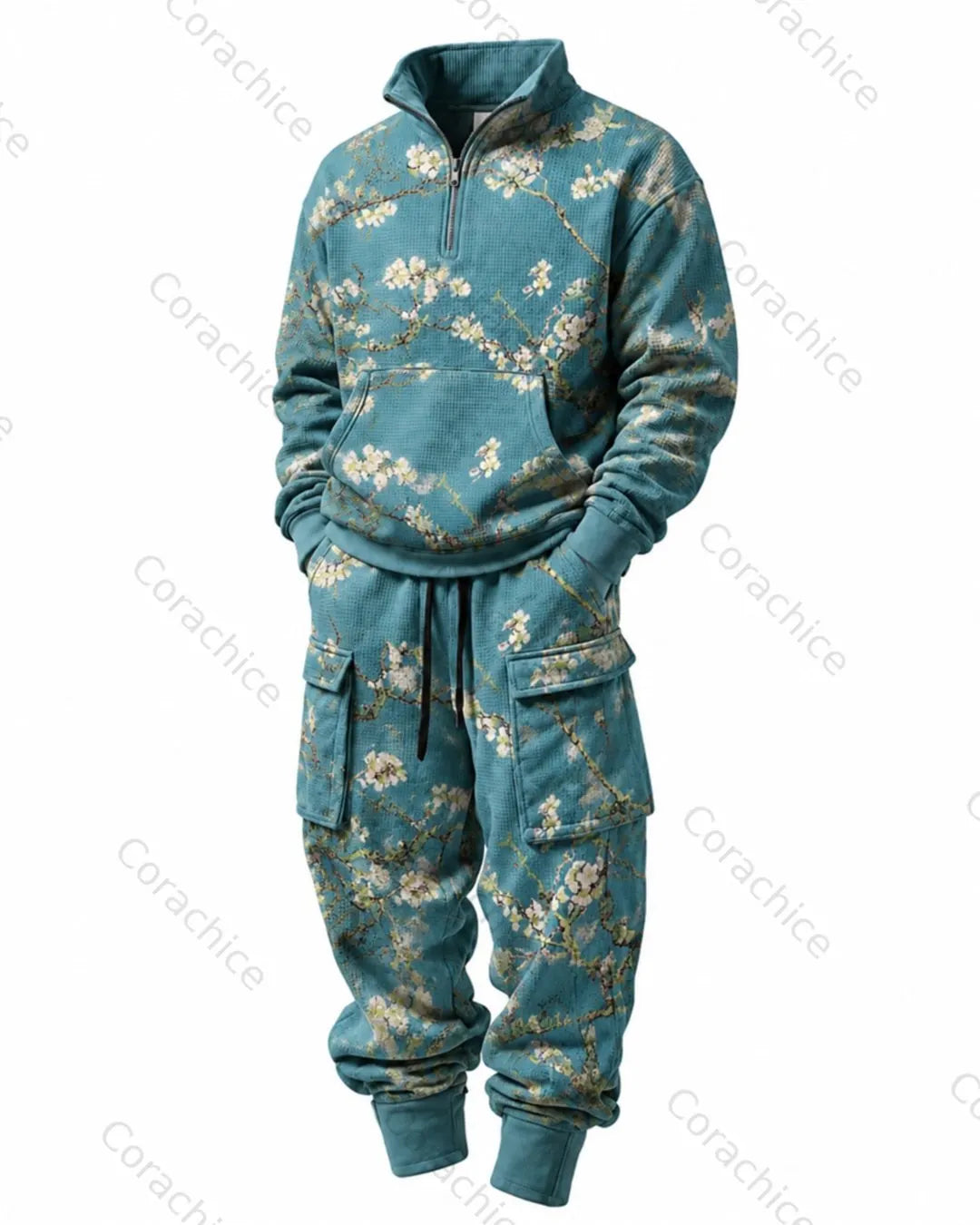 Cardydony Men's Japanese-Style Printed Stand-Collar Waffle-Knit Sweatshirt and Pants Two-Piece