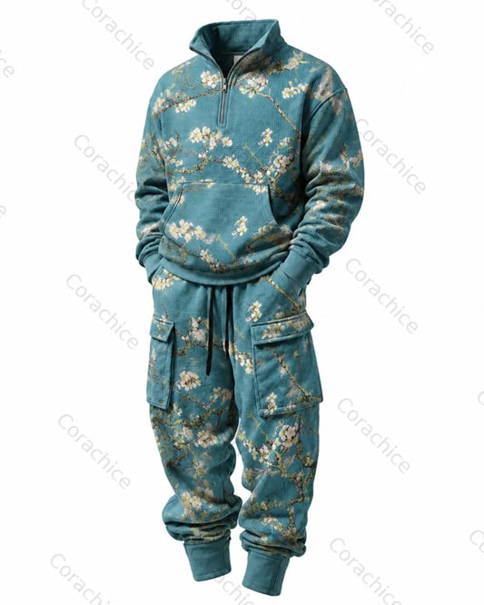 Cardydony Men's Japanese-Style Printed Stand-Collar Waffle-Knit Sweatshirt and Pants Two-Piece
