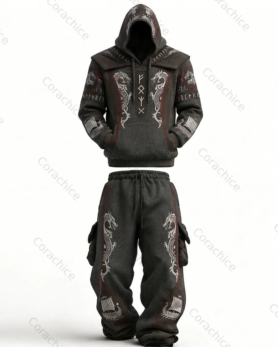 Cardydony Men's Viking-Embroidered Knit Hoodie and Pants Two-Piece