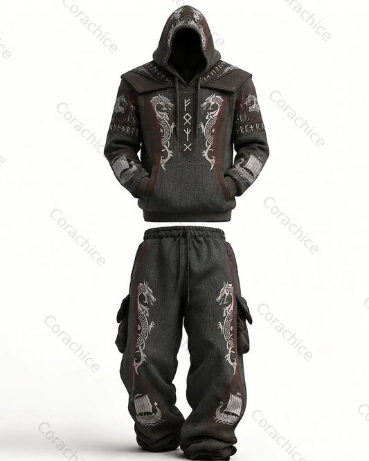 Cardydony Men's Viking-Embroidered Knit Hoodie and Pants Two-Piece
