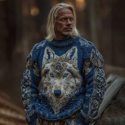 Cardydony Men's Viking Wolf Knit Pullover Sweater