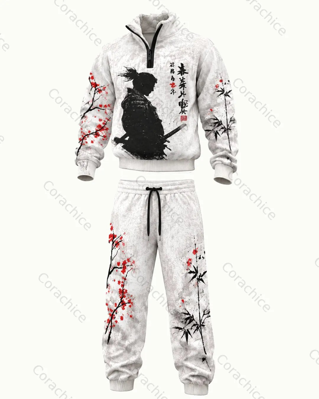 Cardydony Japanese retro art print 1/4 zip-up stand collar thick fleece sweatshirt & sweatpants3921