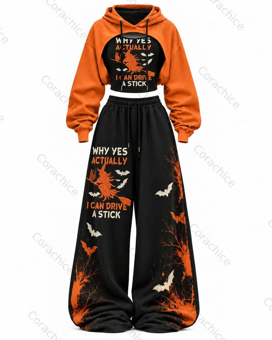 Women's Fun Halloween Witch Print Casual Irregular Cut Two-Piece Hooded Top & Pants Set9576