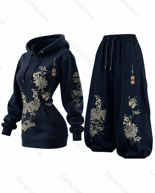 Cardydony Women's Fall and Spring Japanese-Style Printed Long-Sleeve Hooded Sweatshirt Dress