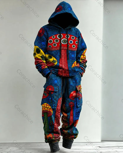 Cardydony Men's Fall & Winter Japanese-Style Art-Print Hoodie and Pants Two-Piece