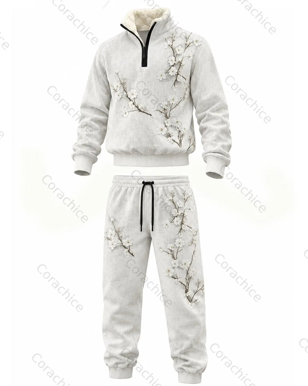 Cardydony Japanese retro art print 1/4 zip-up stand collar thick fleece sweatshirt & sweatpants