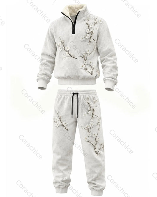 Cardydony Japanese retro art print 1/4 zip-up stand collar thick fleece sweatshirt & sweatpants