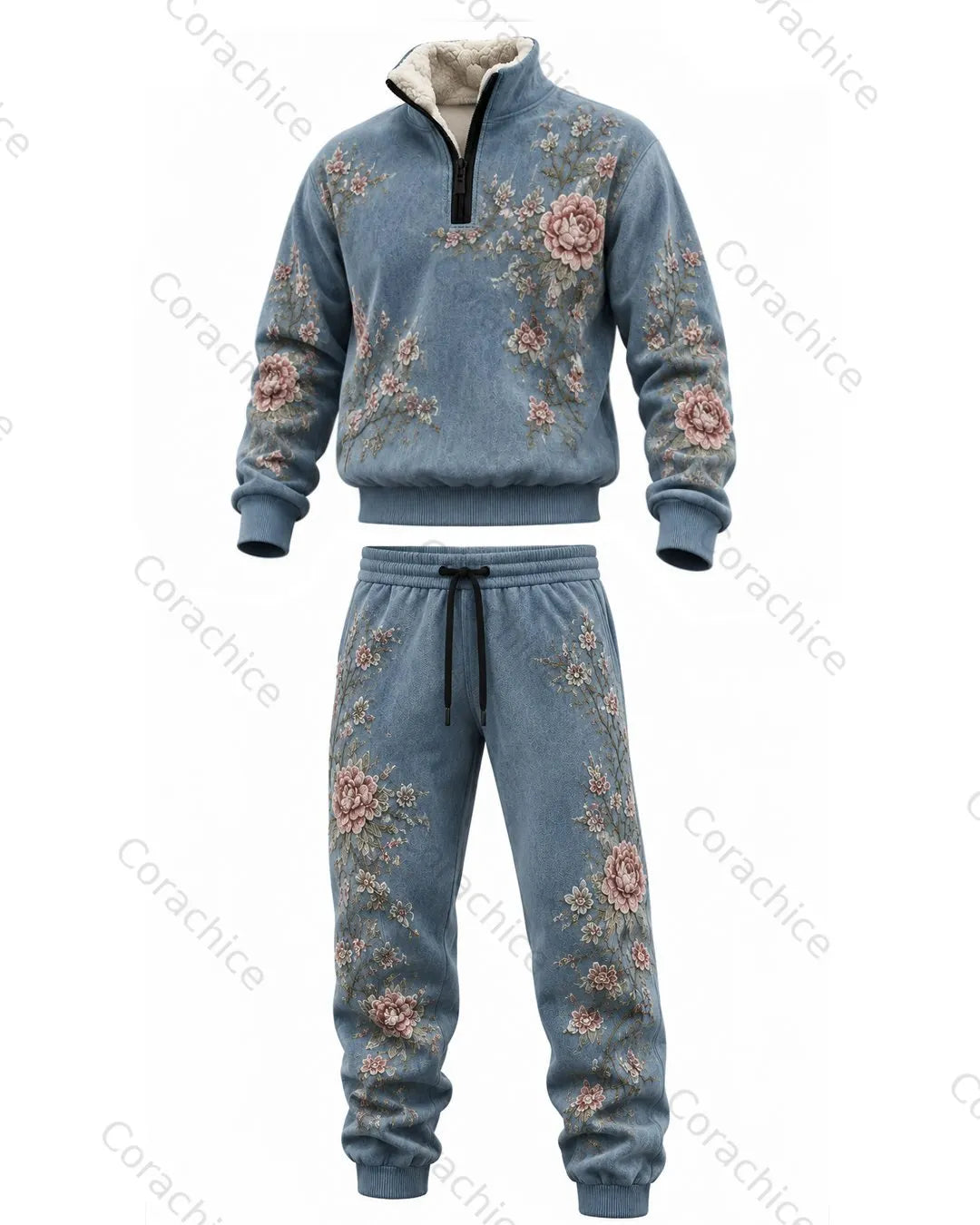 Cardydony Japanese retro art print 1/4 zip-up stand collar thick fleece sweatshirt & sweatpants9889