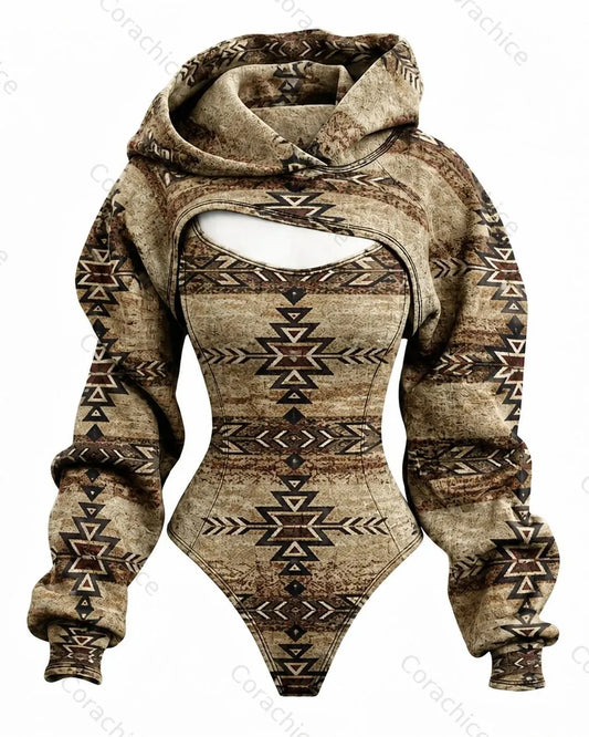 Cardydony Women's Western-Style Aztec-Print Fitted Hooded Jumpsuit