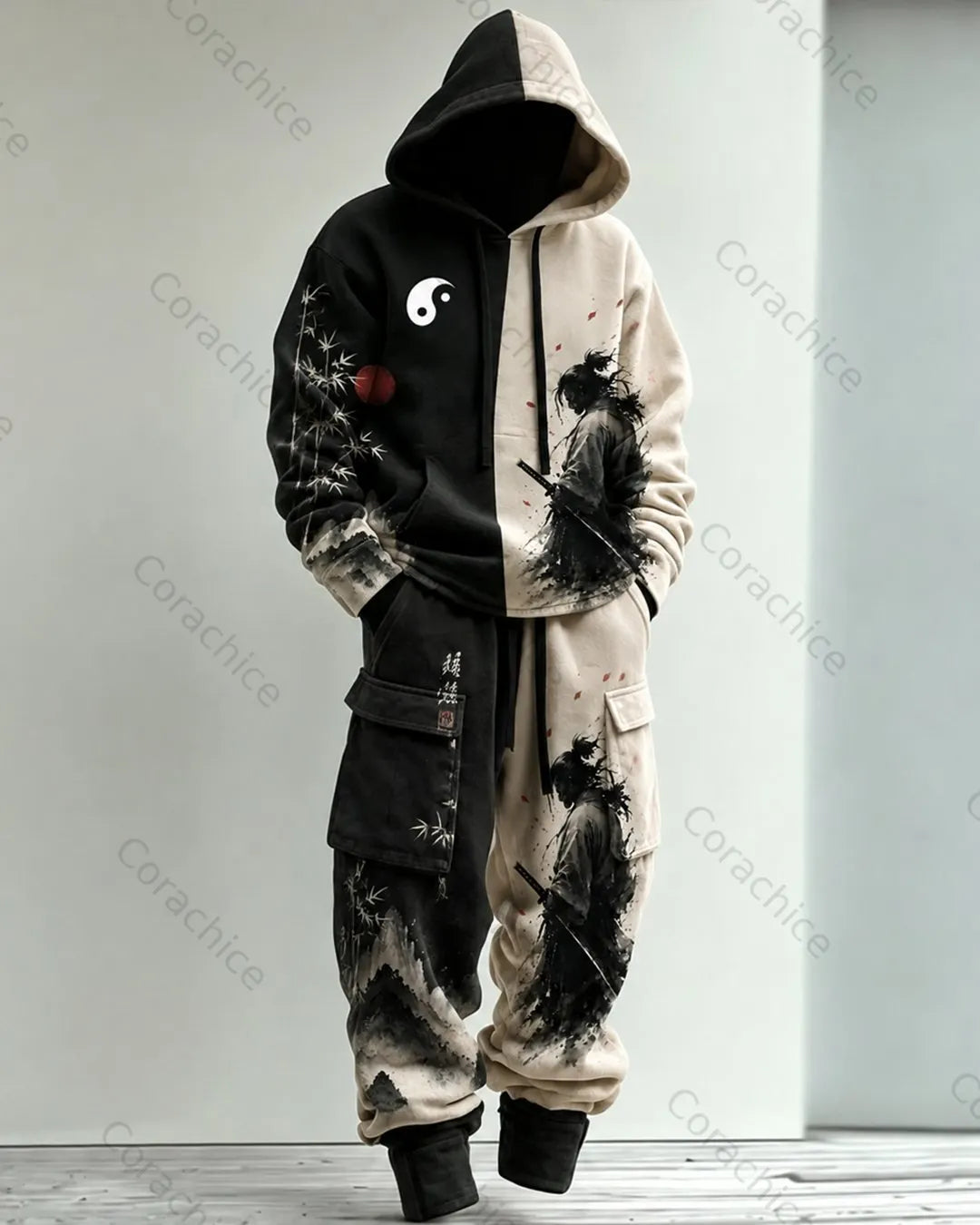 Cardydony Men's Fall and Winter Japanese-Style Printed Hooded & Pants Two-Piece