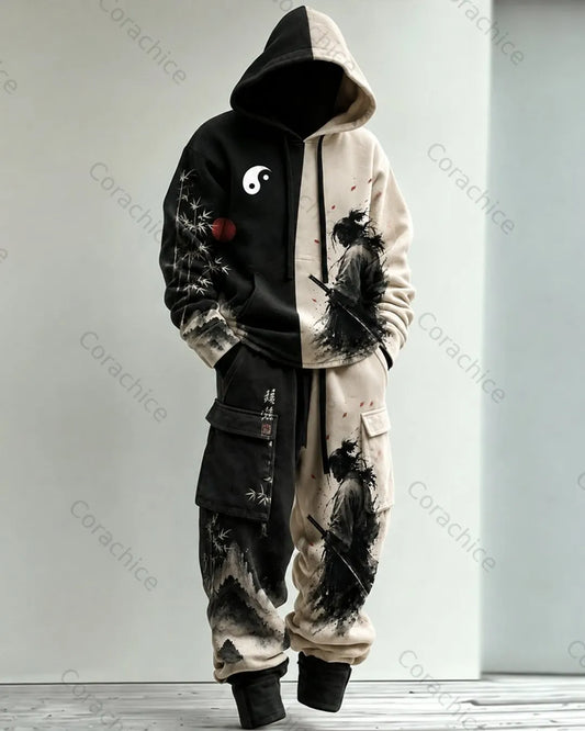 Cardydony Men's Fall and Winter Japanese-Style Printed Hooded & Pants Two-Piece