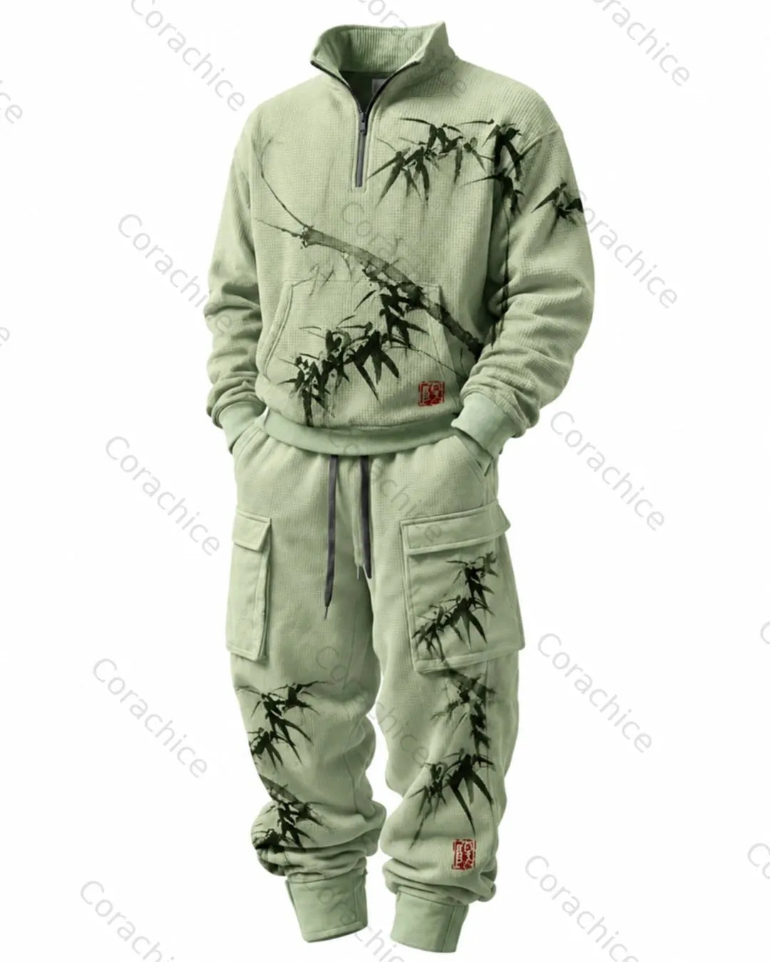 Cardydony Men's Japanese-Style Printed Stand-Collar Waffle-Knit Sweatshirt and Pants Two-Piece