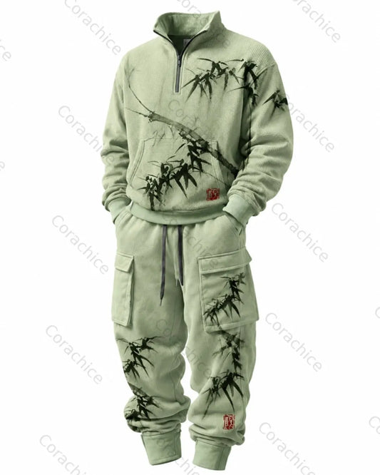 Cardydony Men's Japanese-Style Printed Stand-Collar Waffle-Knit Sweatshirt and Pants Two-Piece