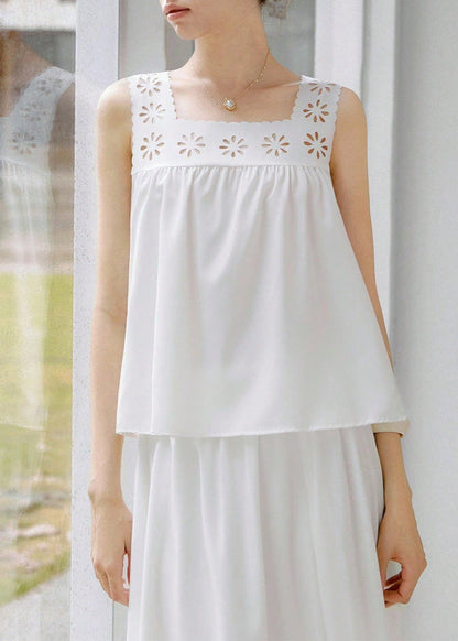 Cardydony Women's White Two Piece Set with Eyelet Cutout Top and Maxi Skirt – Summer Outfit
